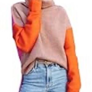 Colorblock Turtleneck Sweater - Orange and Pink